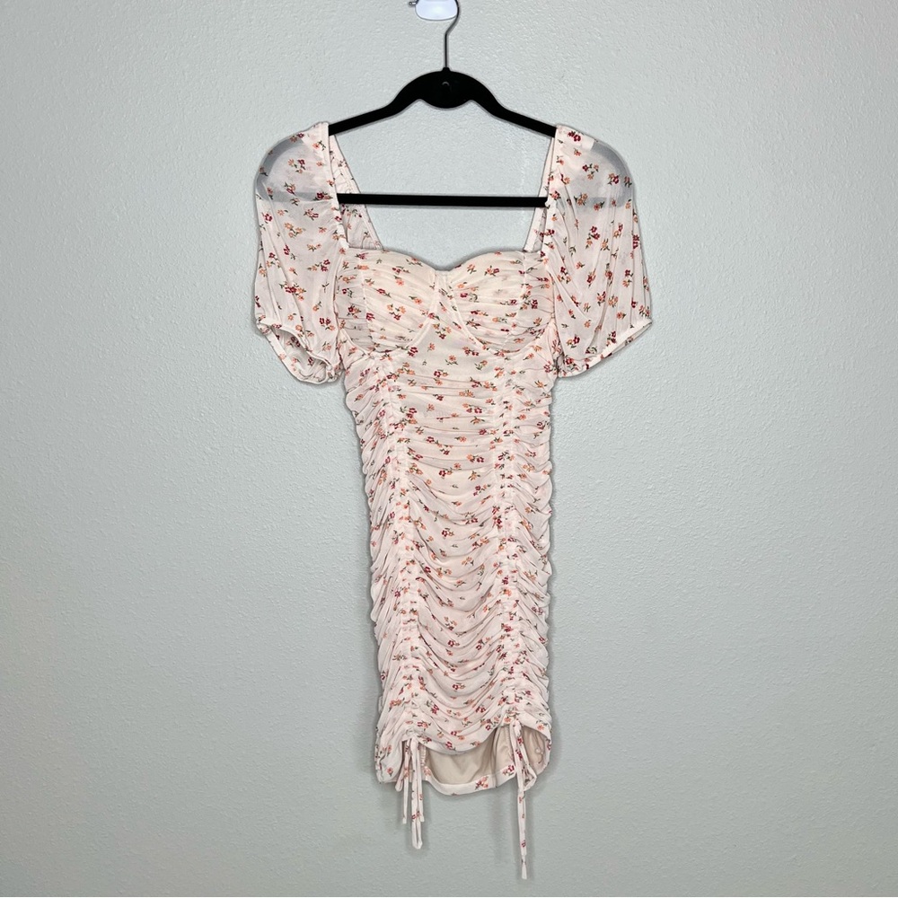 Blashe Floral Ruched Mini Dress Ditsy Puff Sleeve Stretchy Vacation Size Small